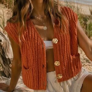 Rust Knit Vest Gold Button Boho Beach Layering Festival Top S 70s Retro